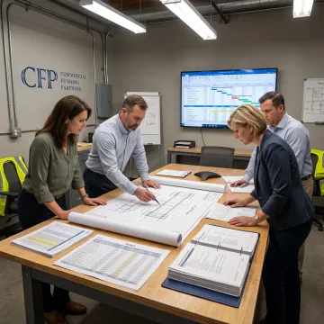 Mining project team reviewing conveyor equipment plans