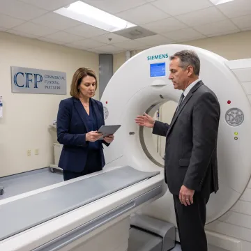 Healthcare professional reviewing a CT scanner