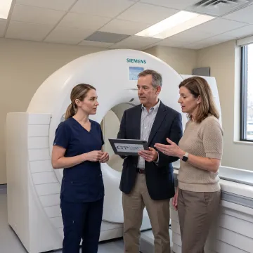 Radiology team beside a CT scanner