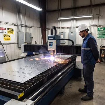 Technician operating an industrial laser cutting machine
