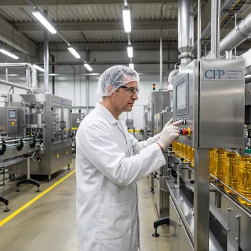 Technician inspecting automated processing equipment