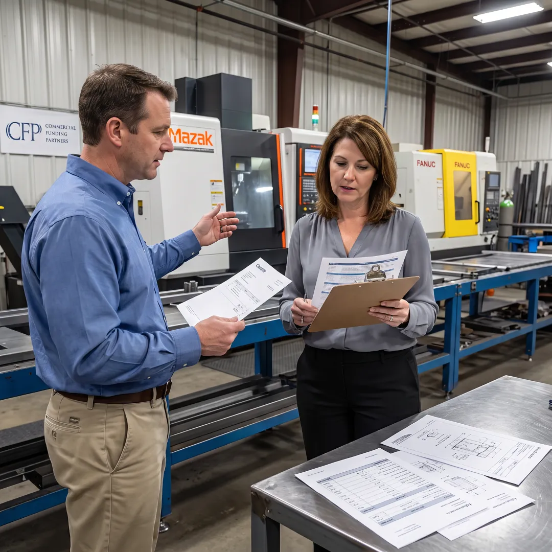 Manager reviewing fabrication equipment financing plans