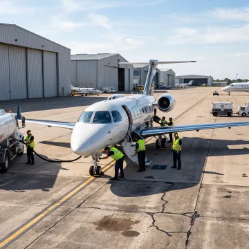 Midsize business jet on an airport ramp