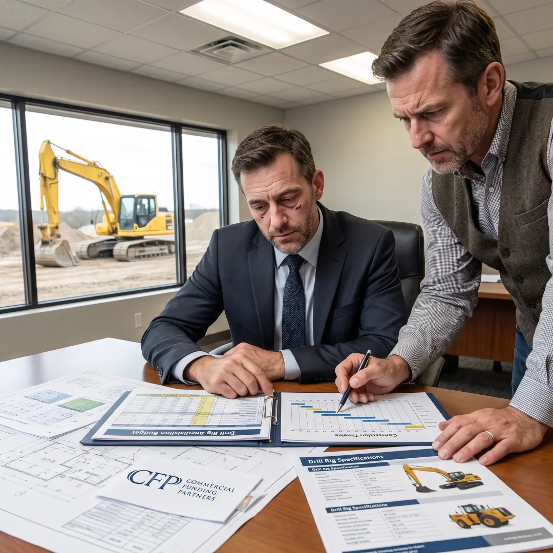Finance professional reviewing mining drill equipment plans