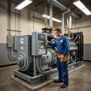 Technician inspecting commercial generator controls