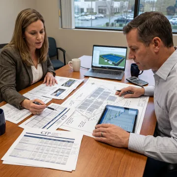 Finance professional reviewing a solar project plan
