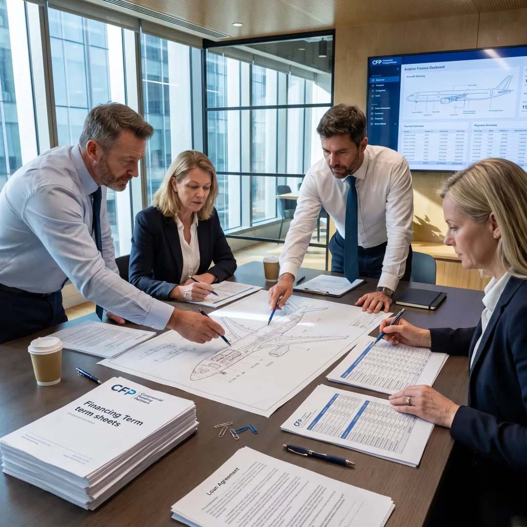 Aviation finance professionals reviewing aircraft documents