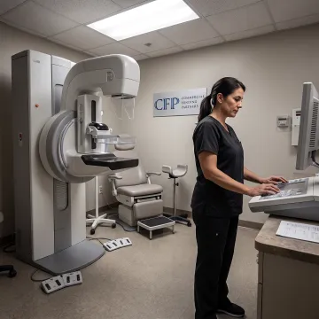 Healthcare professional reviewing a mammography imaging system
