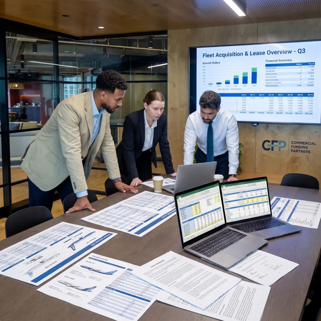 Finance professionals reviewing an aircraft acquisition plan