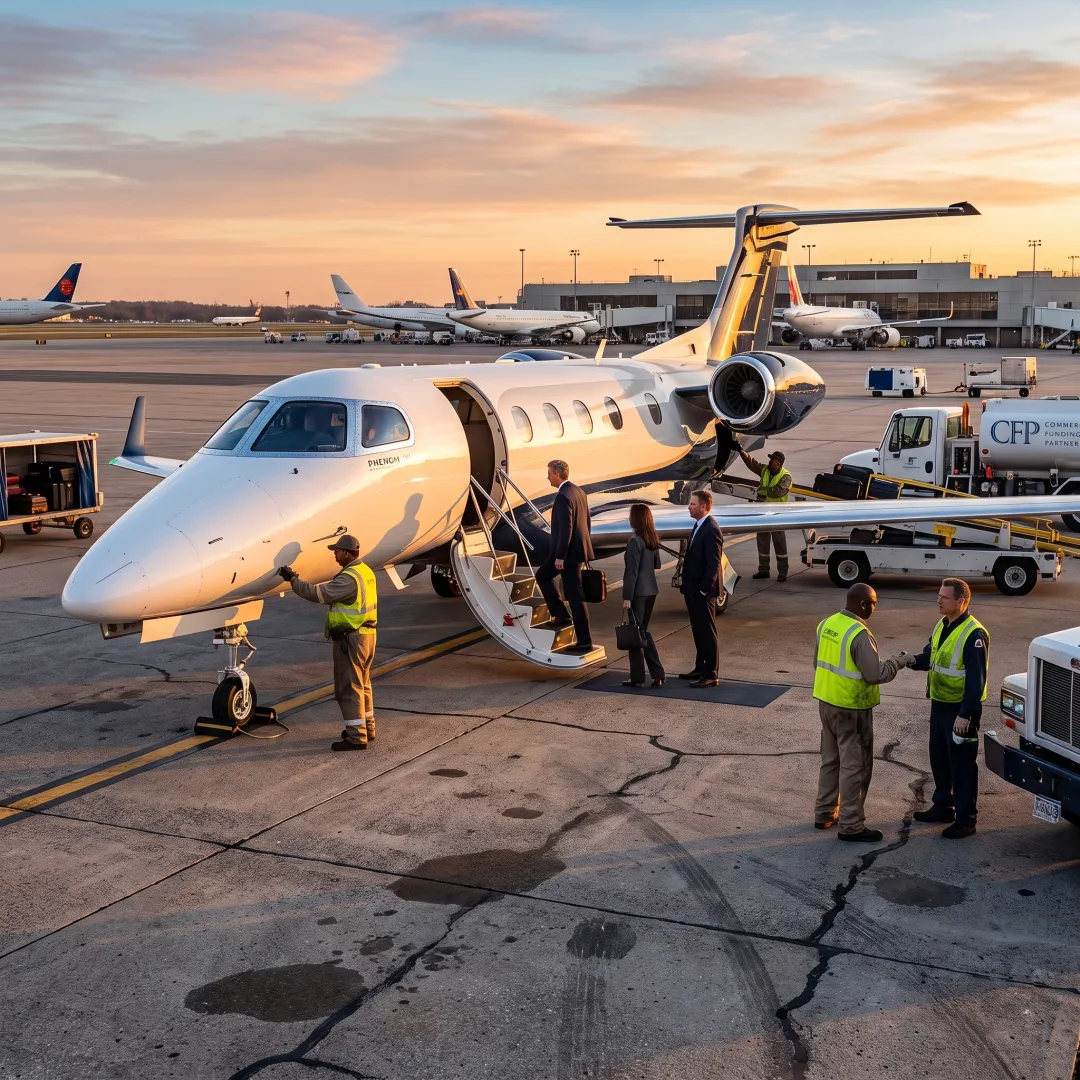 Business light jet on an airport ramp