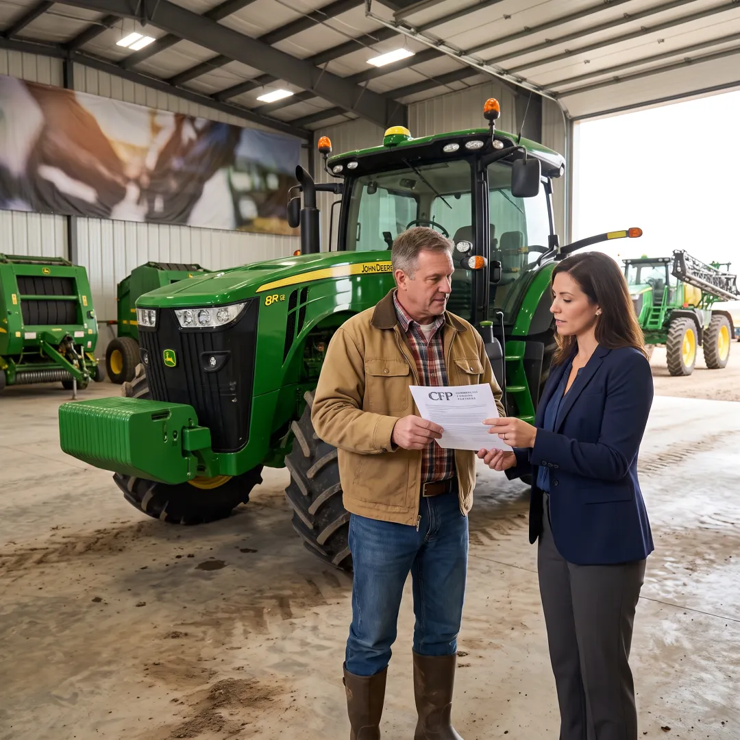 Farmer reviewing equipment financing paperwork beside tractor