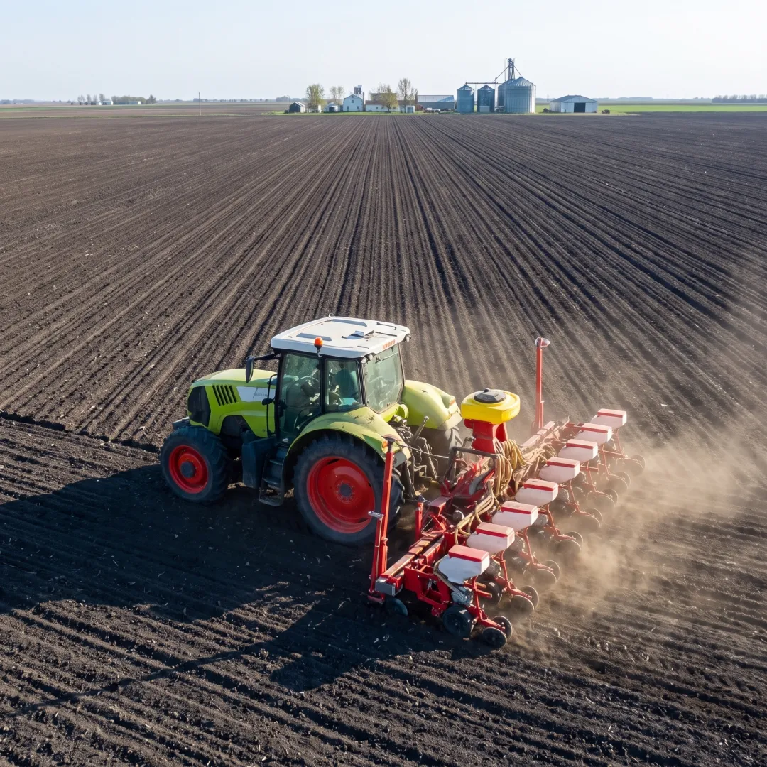 Modern tractor working on a large farm field