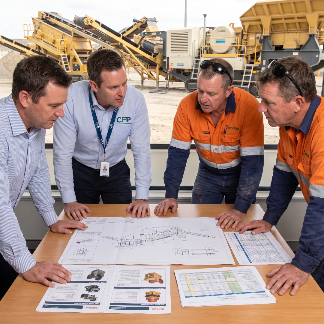 Team reviewing plans for a crushing equipment project