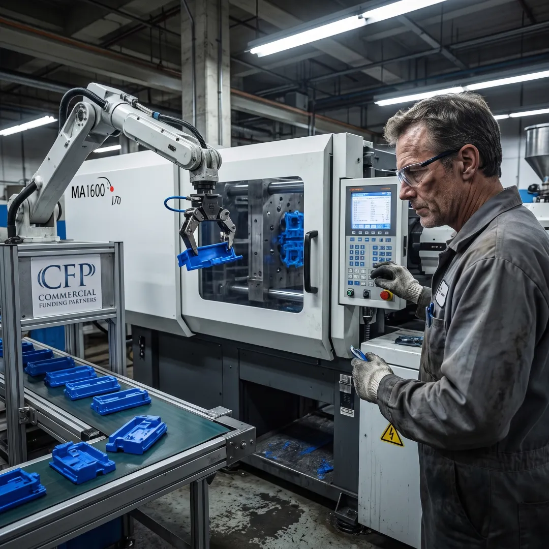 Technician monitoring automated injection molding equipment