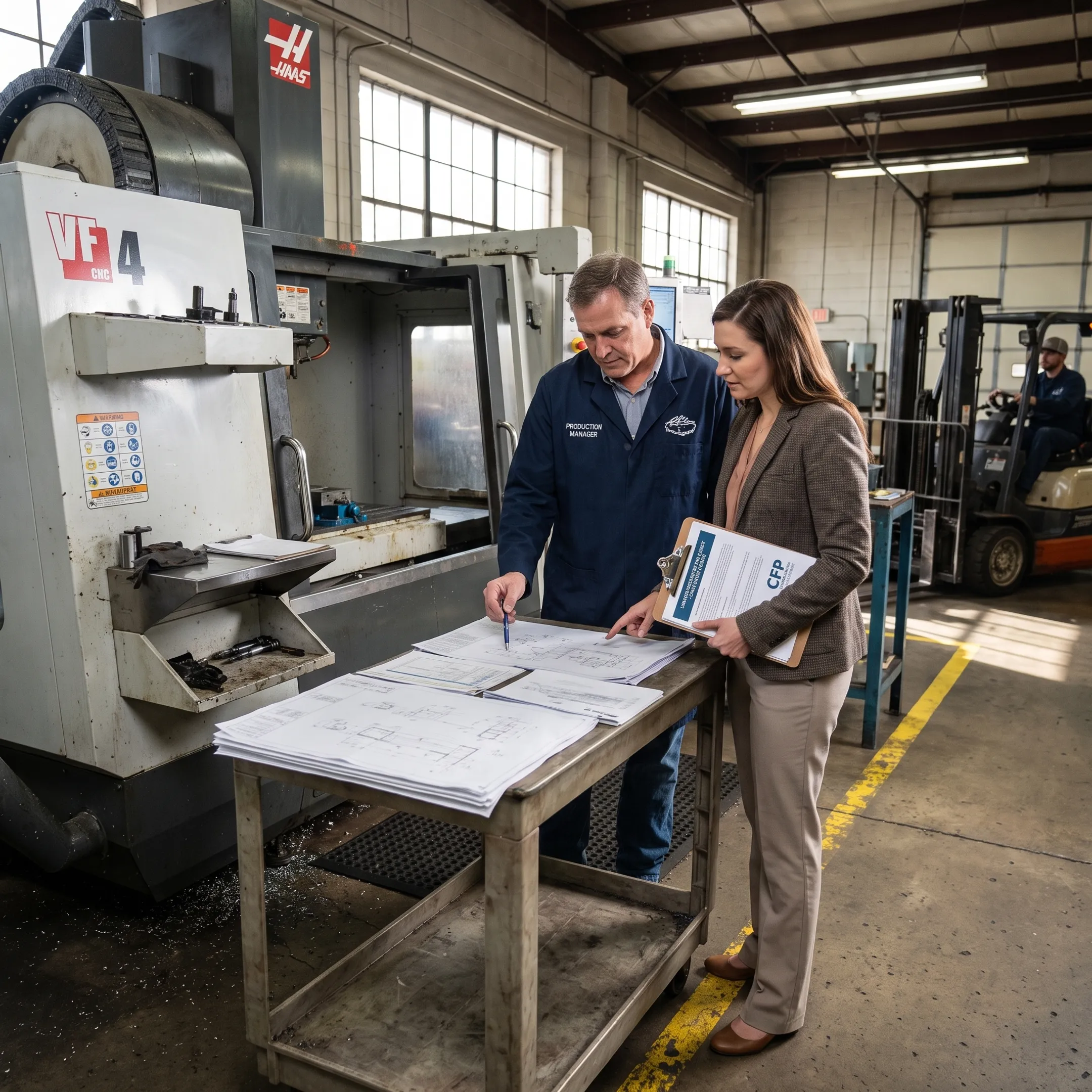 Manufacturing manager reviewing machine tool financing plans