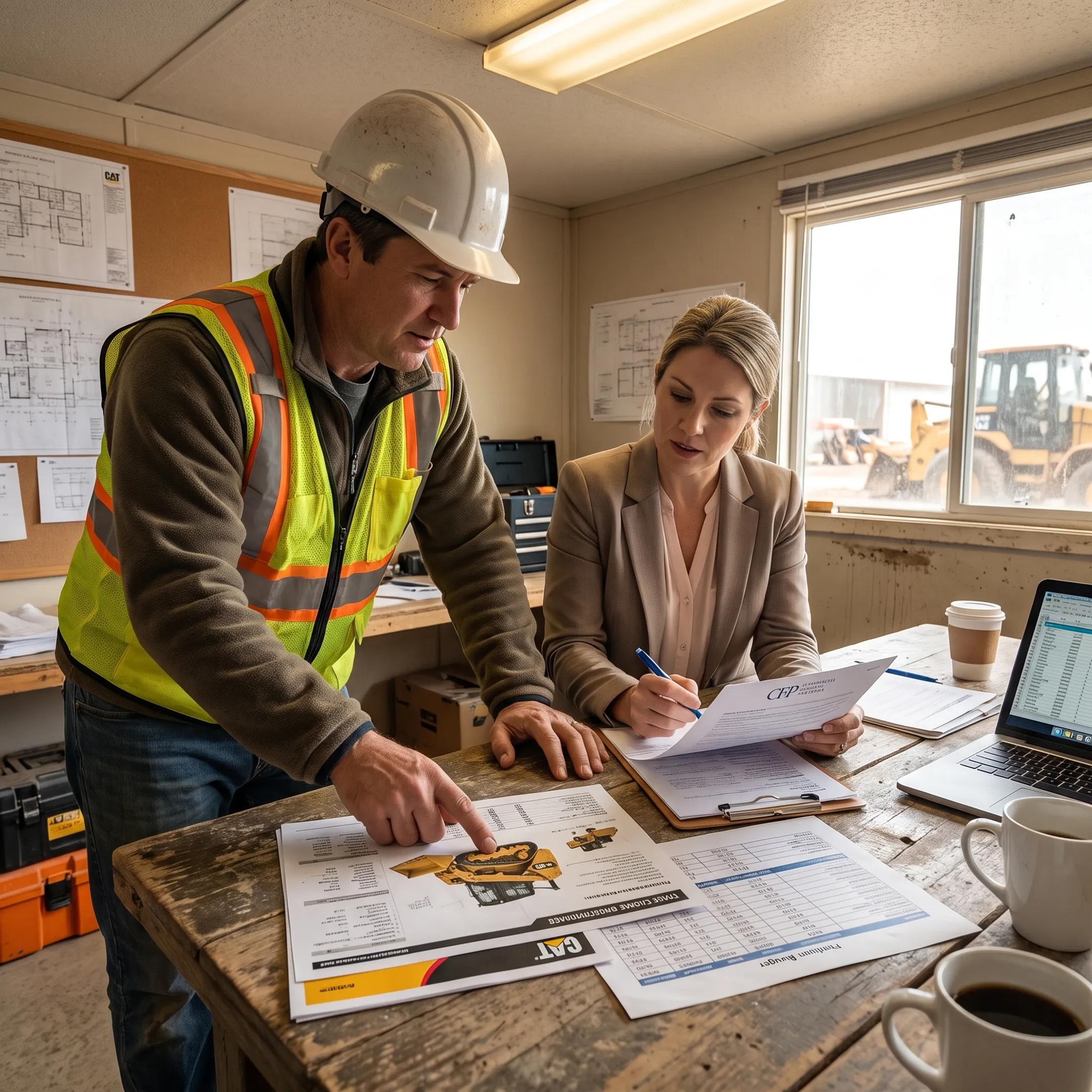 Construction manager reviewing track loader financing