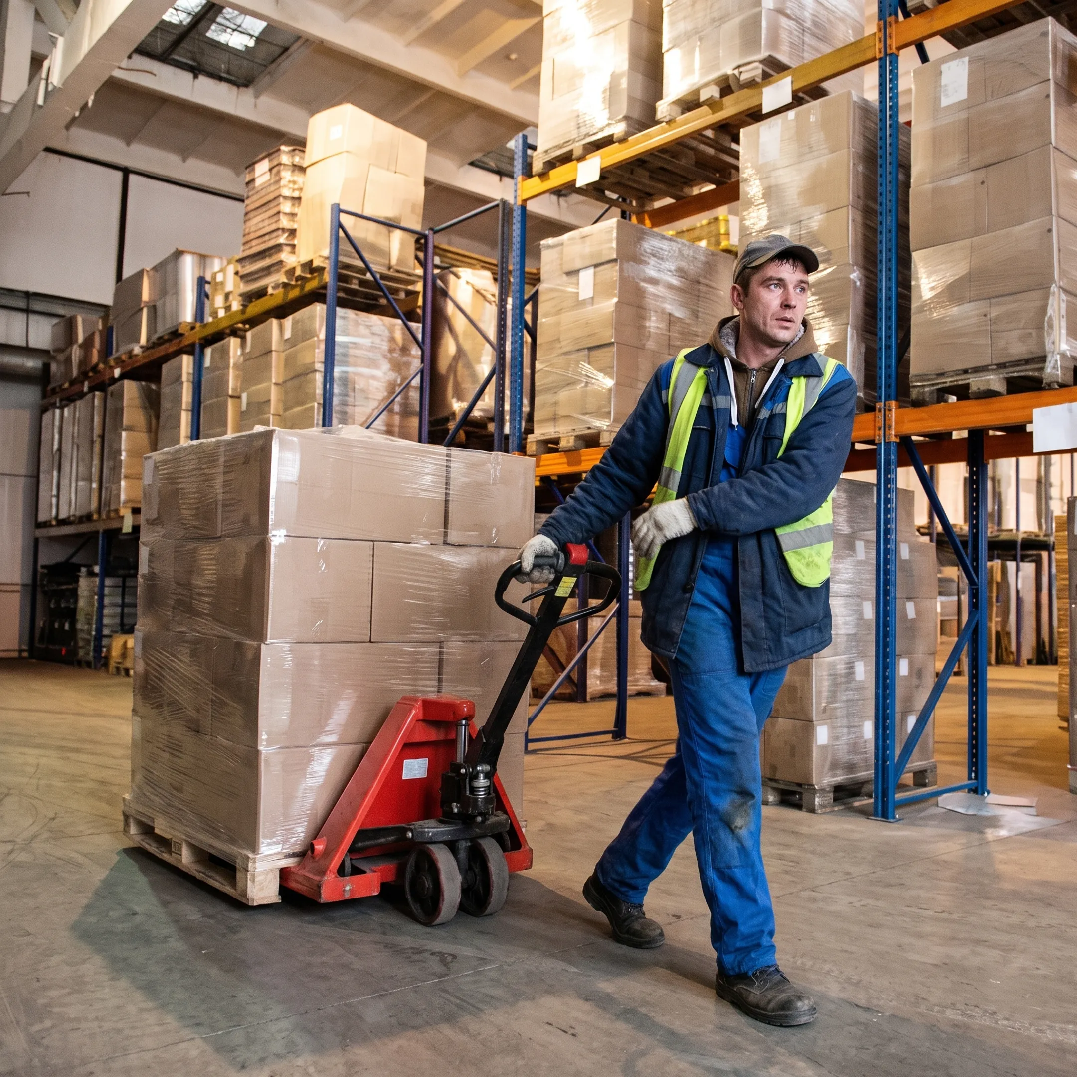 Warehouse worker operating an electric pallet jack