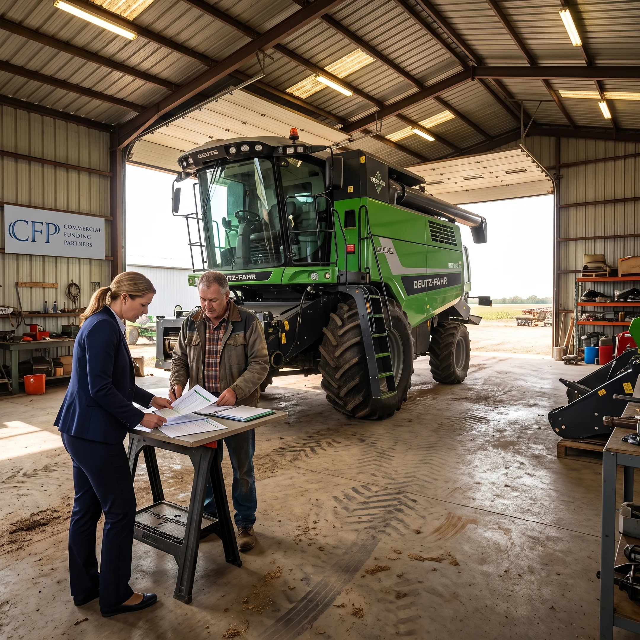 Farm operator reviewing harvester financing plans