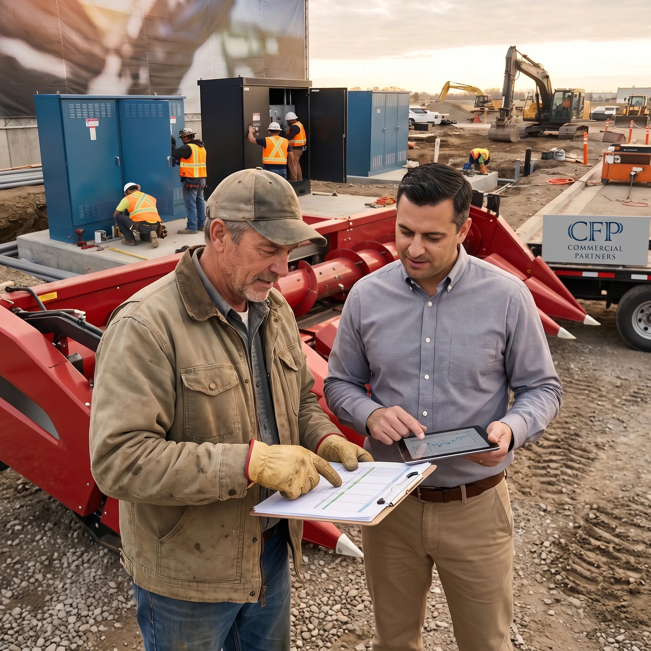 Farmer reviewing combine financing documents