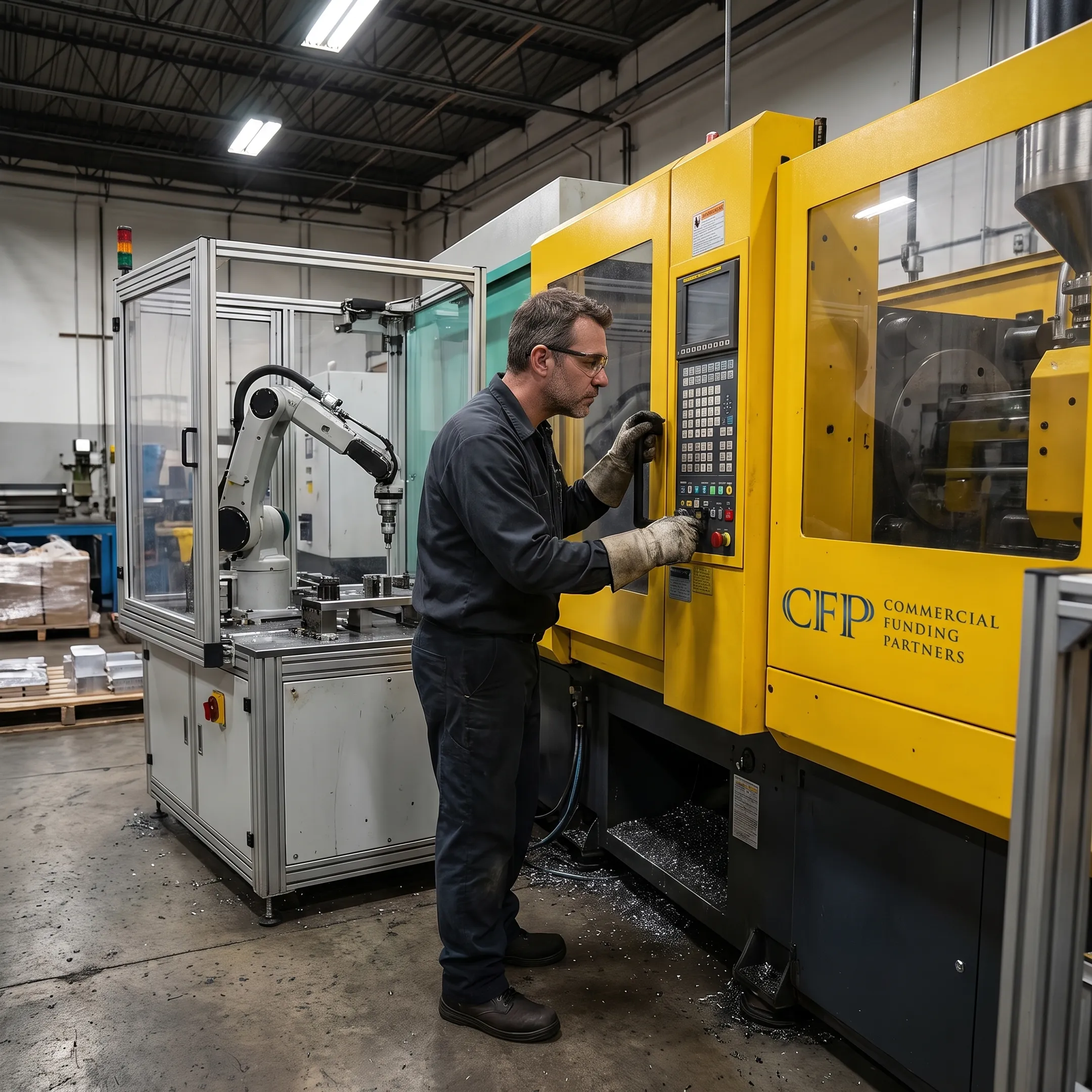 Technician inspecting an injection molding production cell