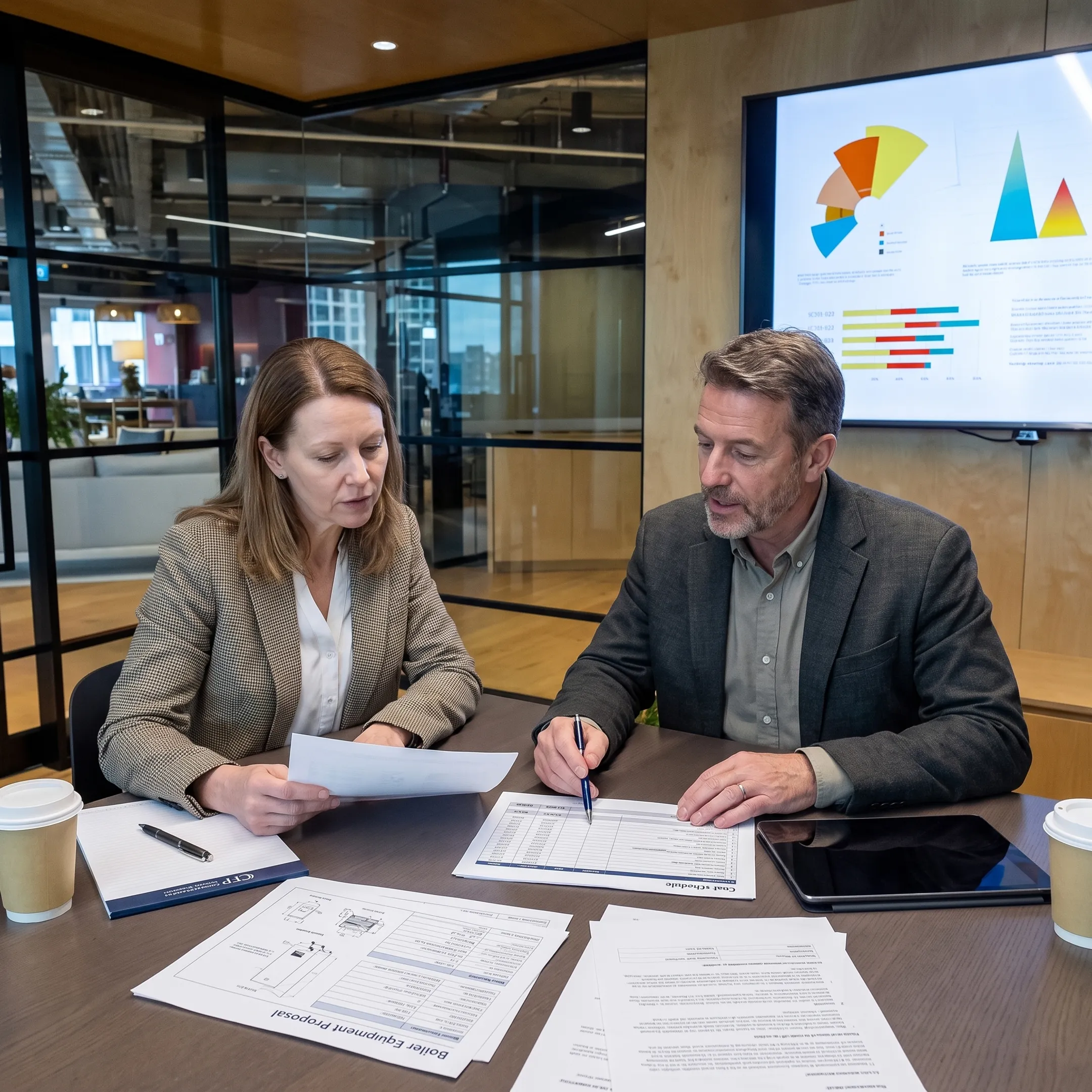 Professional reviewing commercial boiler financing documents