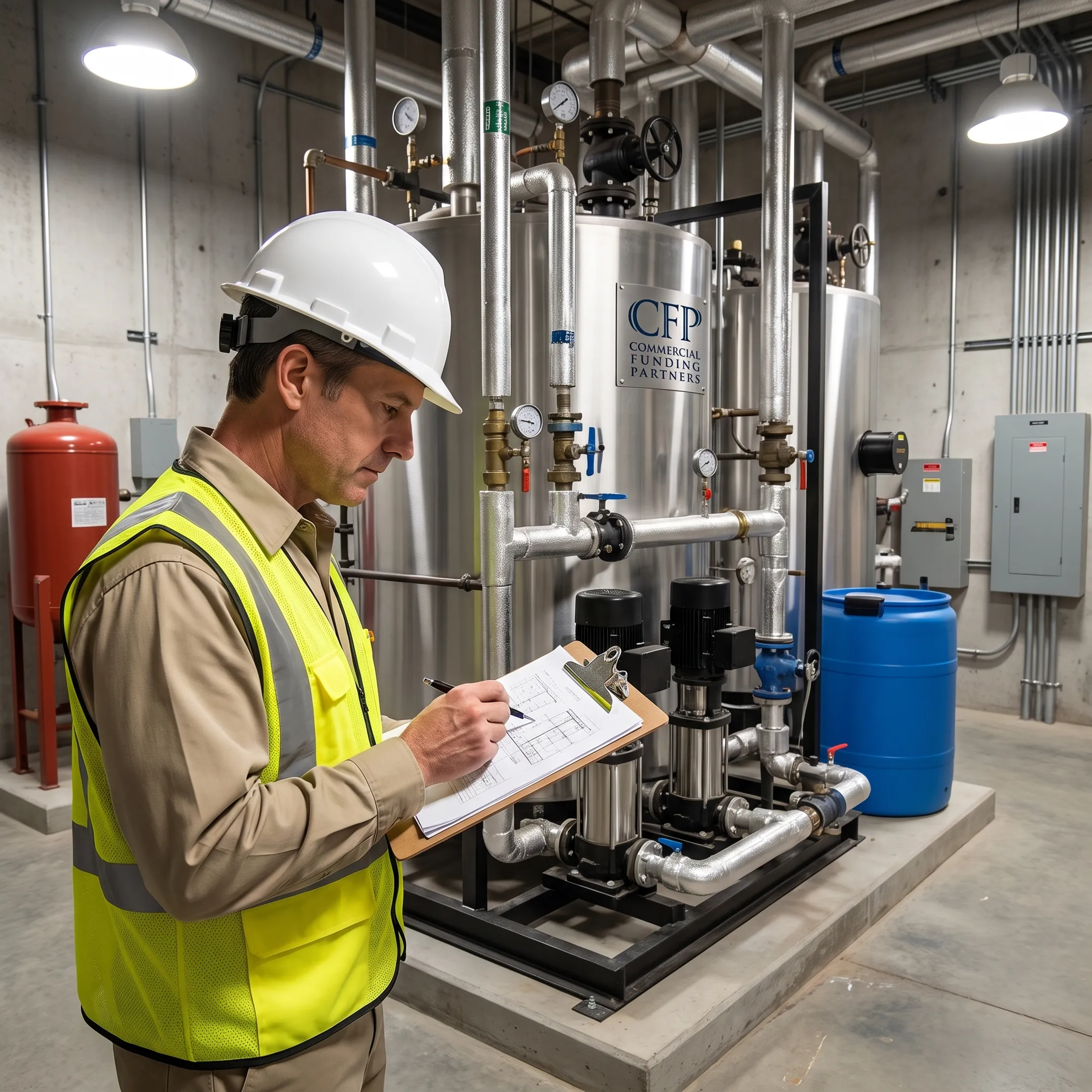 Commercial boiler equipment in a mechanical room