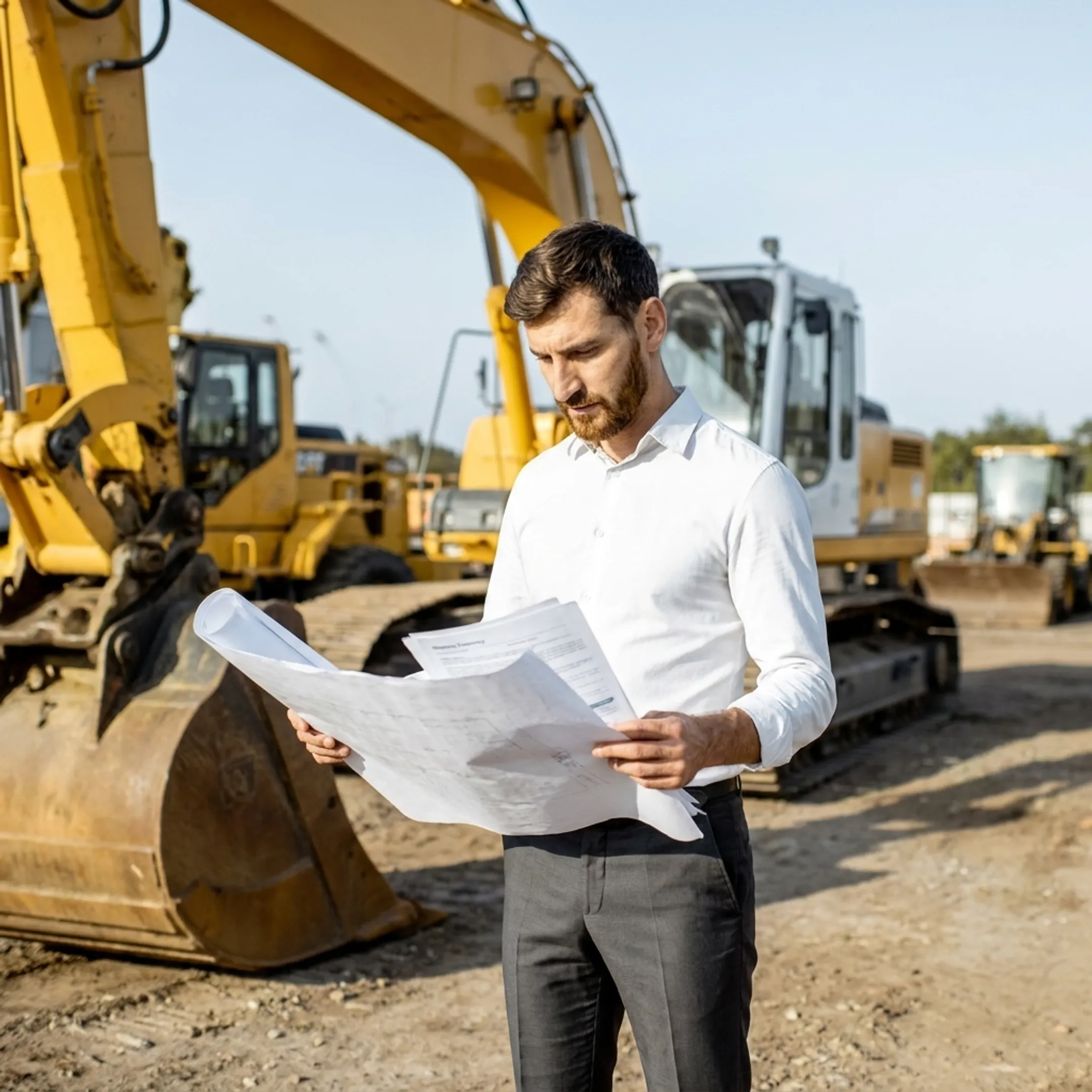 Construction manager reviewing equipment financing plans
