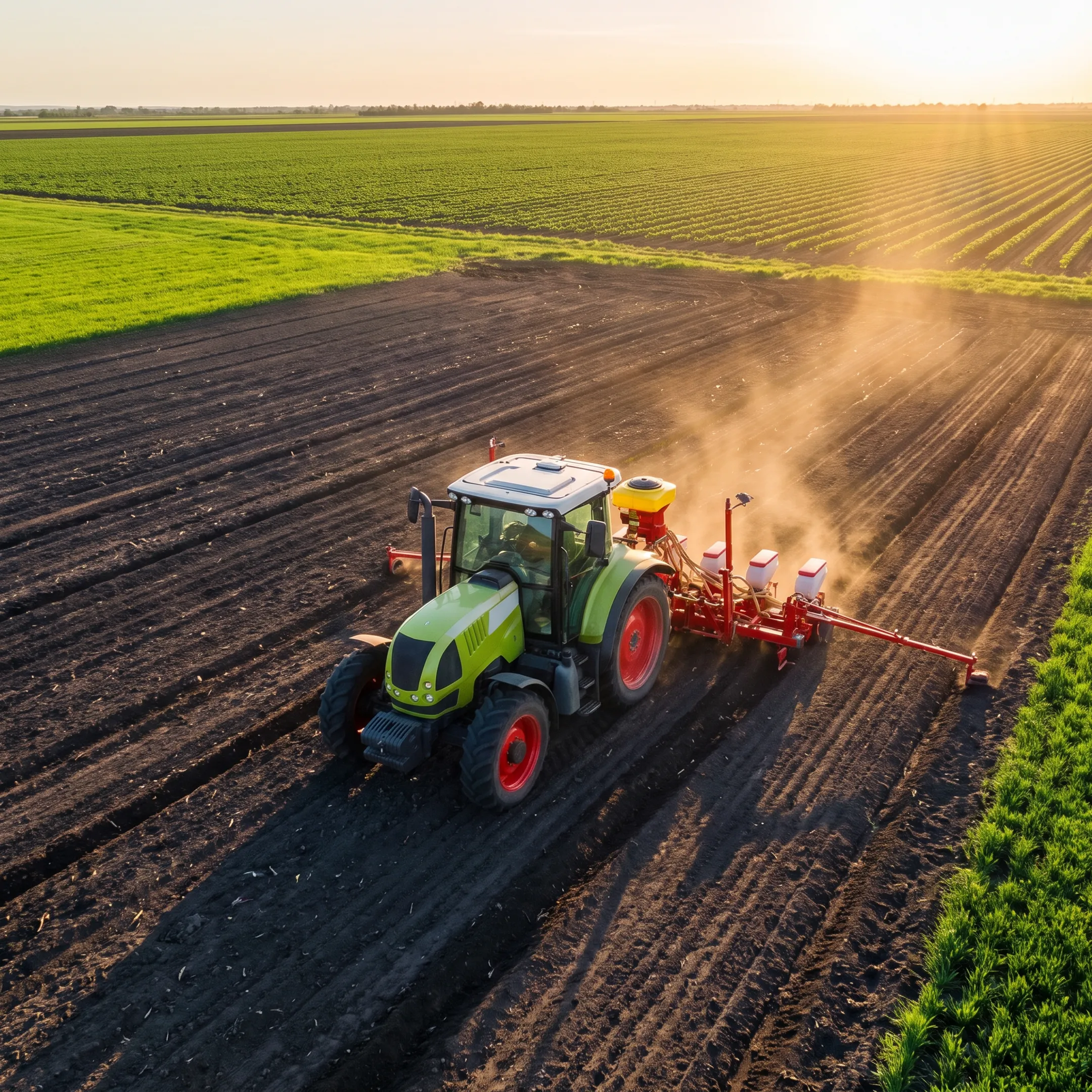 Modern tractor working across a cultivated farm field
