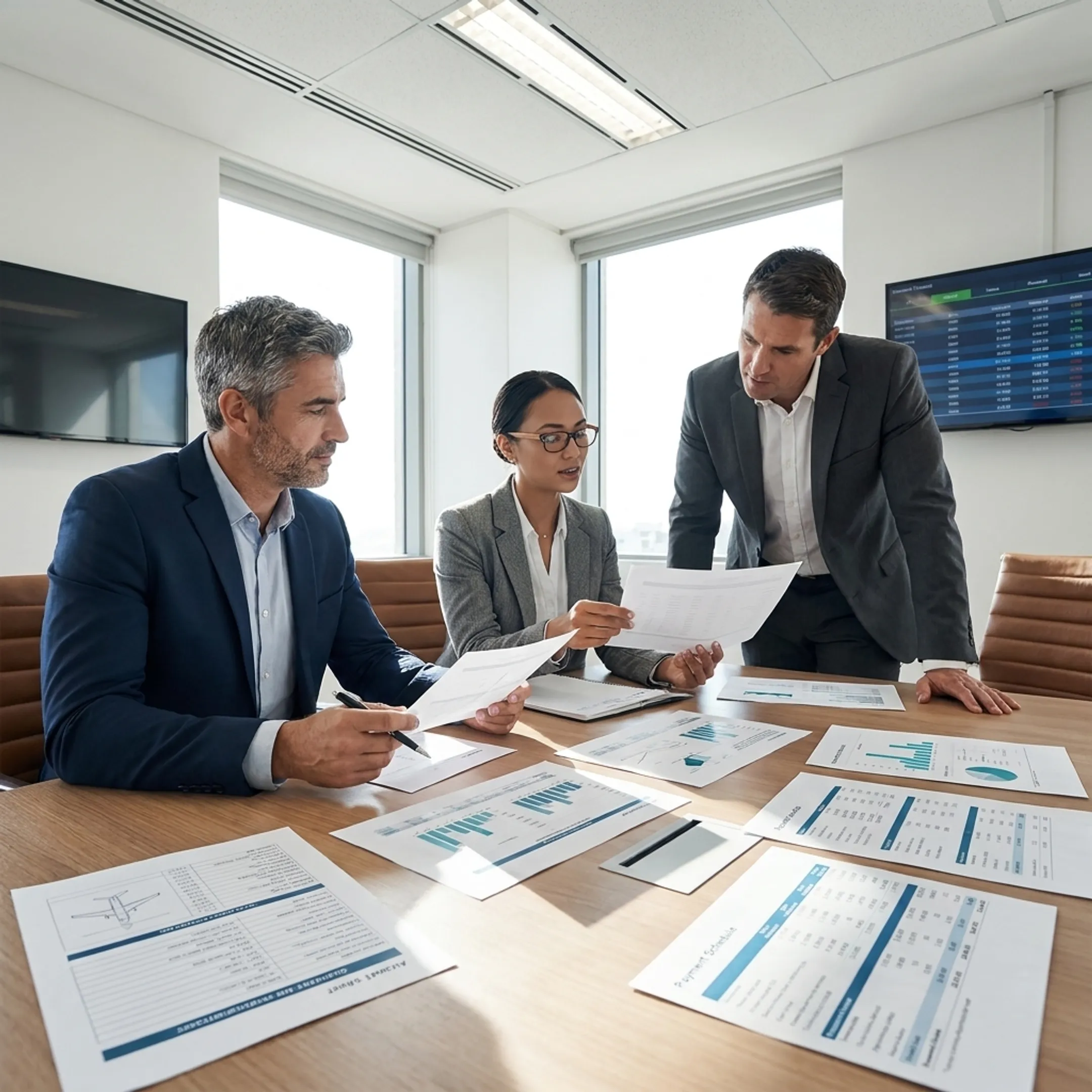 Advisors reviewing private jet financing documents