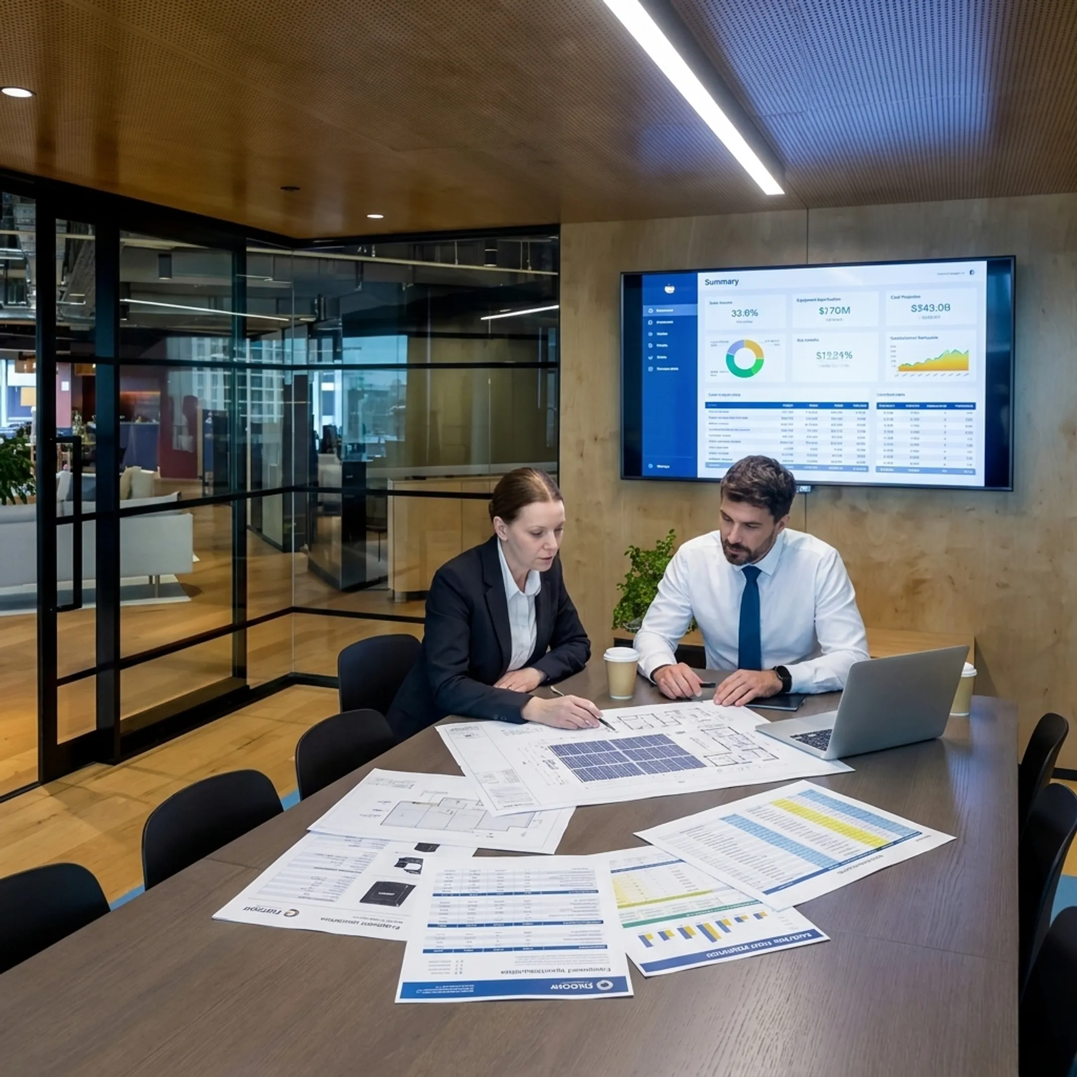 Finance professional reviewing a commercial solar project plan