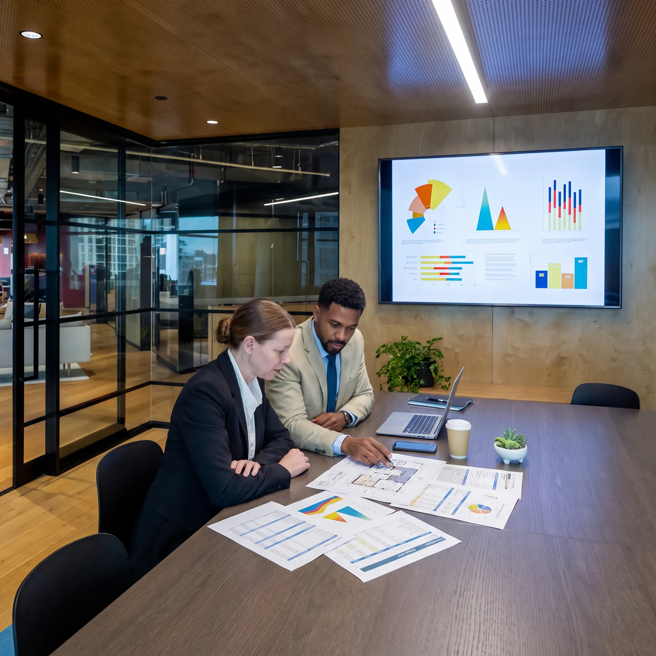 Finance professional reviewing a commercial solar project plan