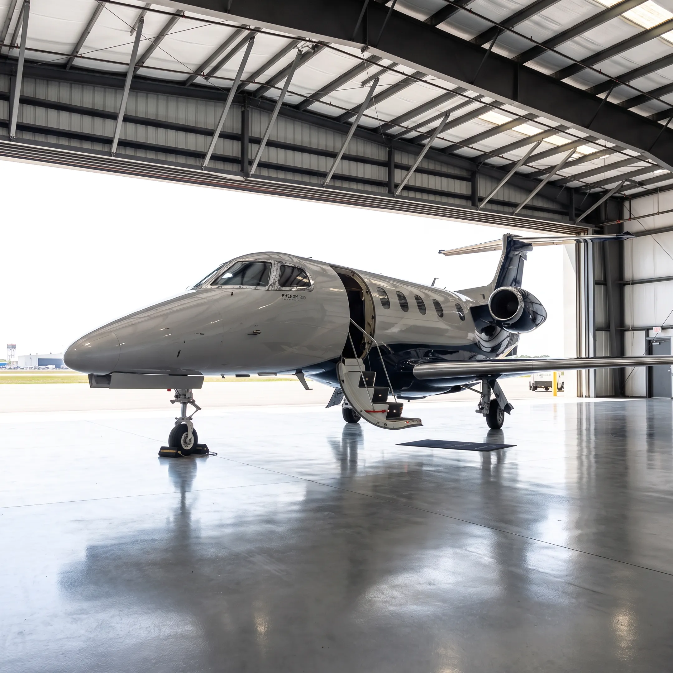Modern aircraft hangar with business jet