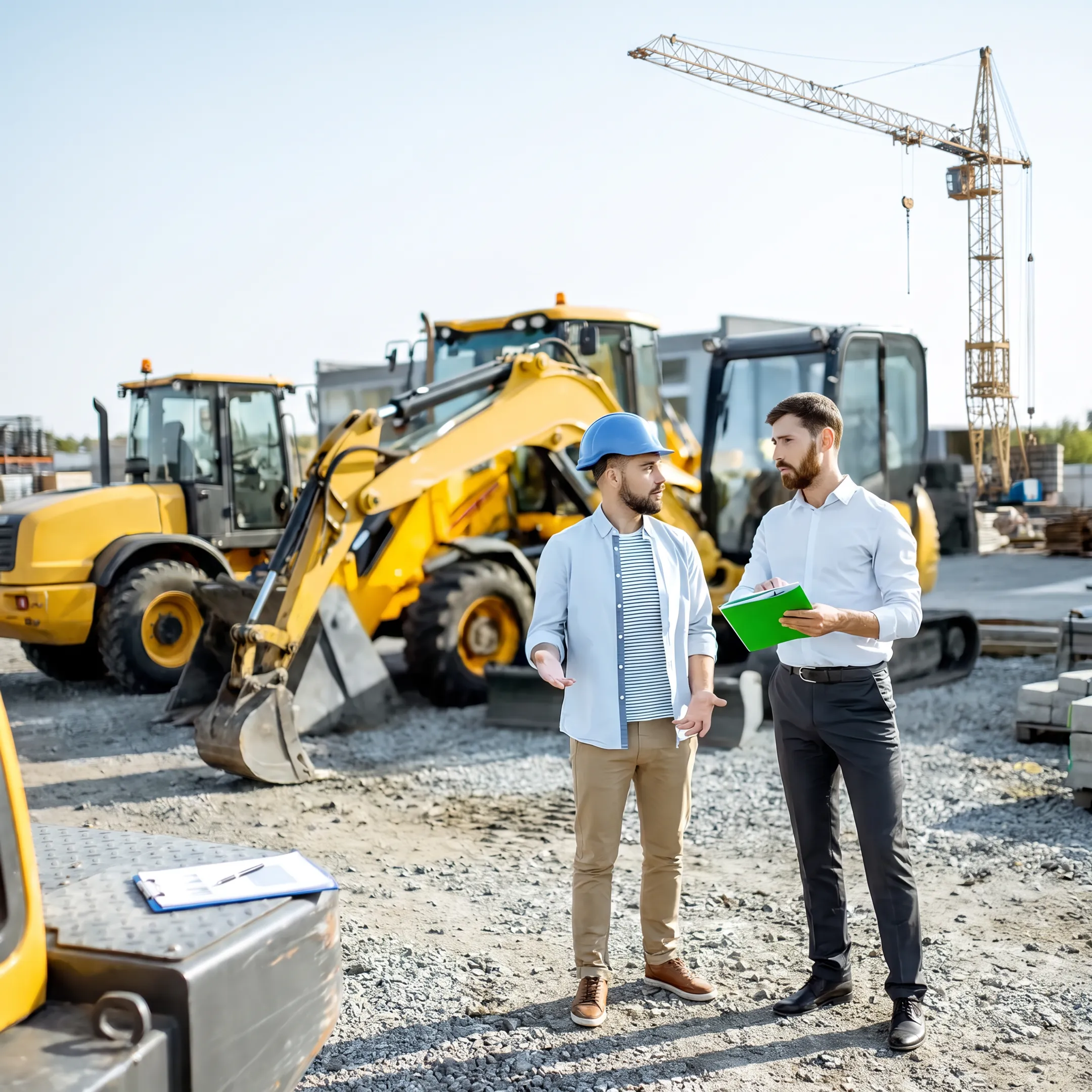 Used construction equipment at an active commercial worksite