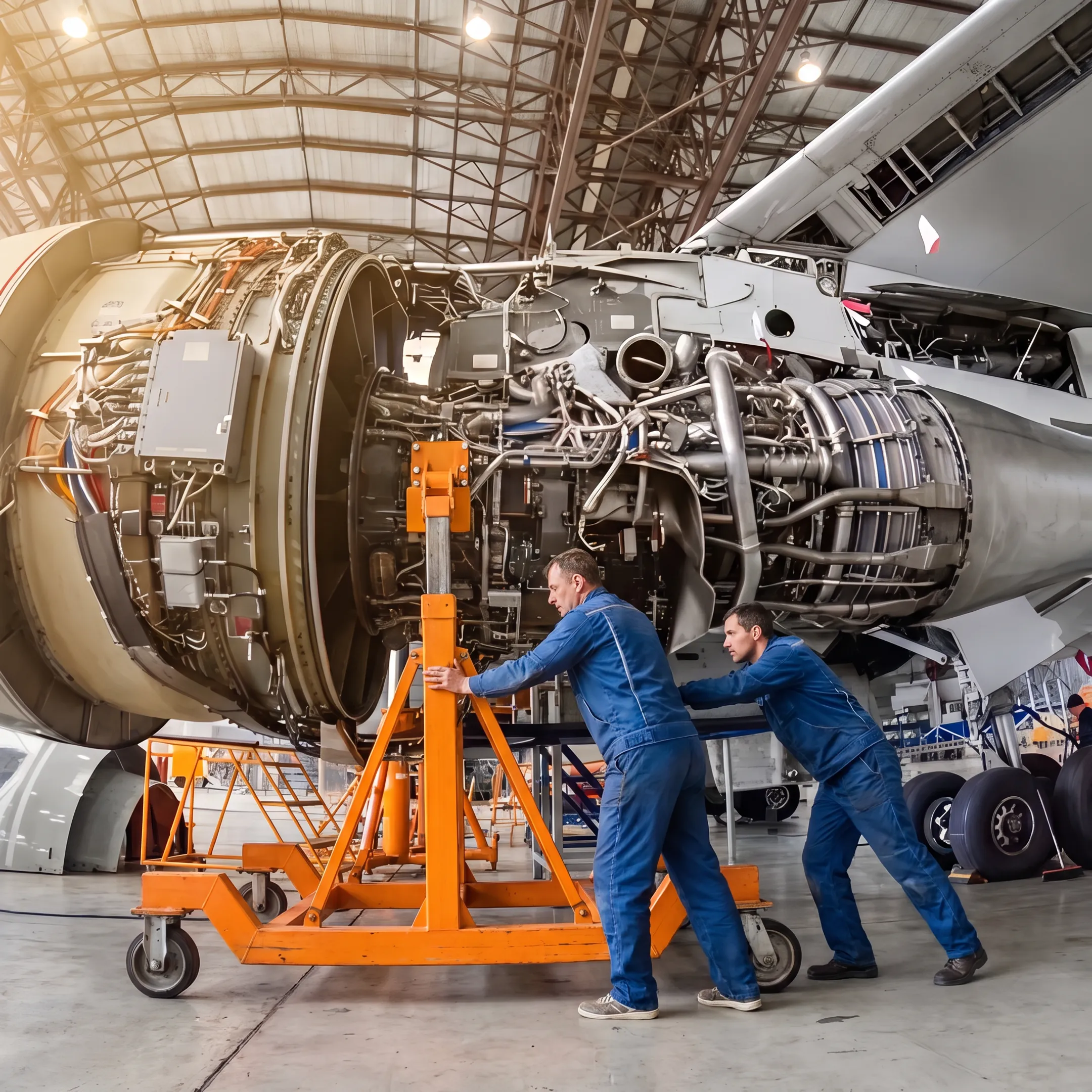 Technicians positioning an aircraft engine stand