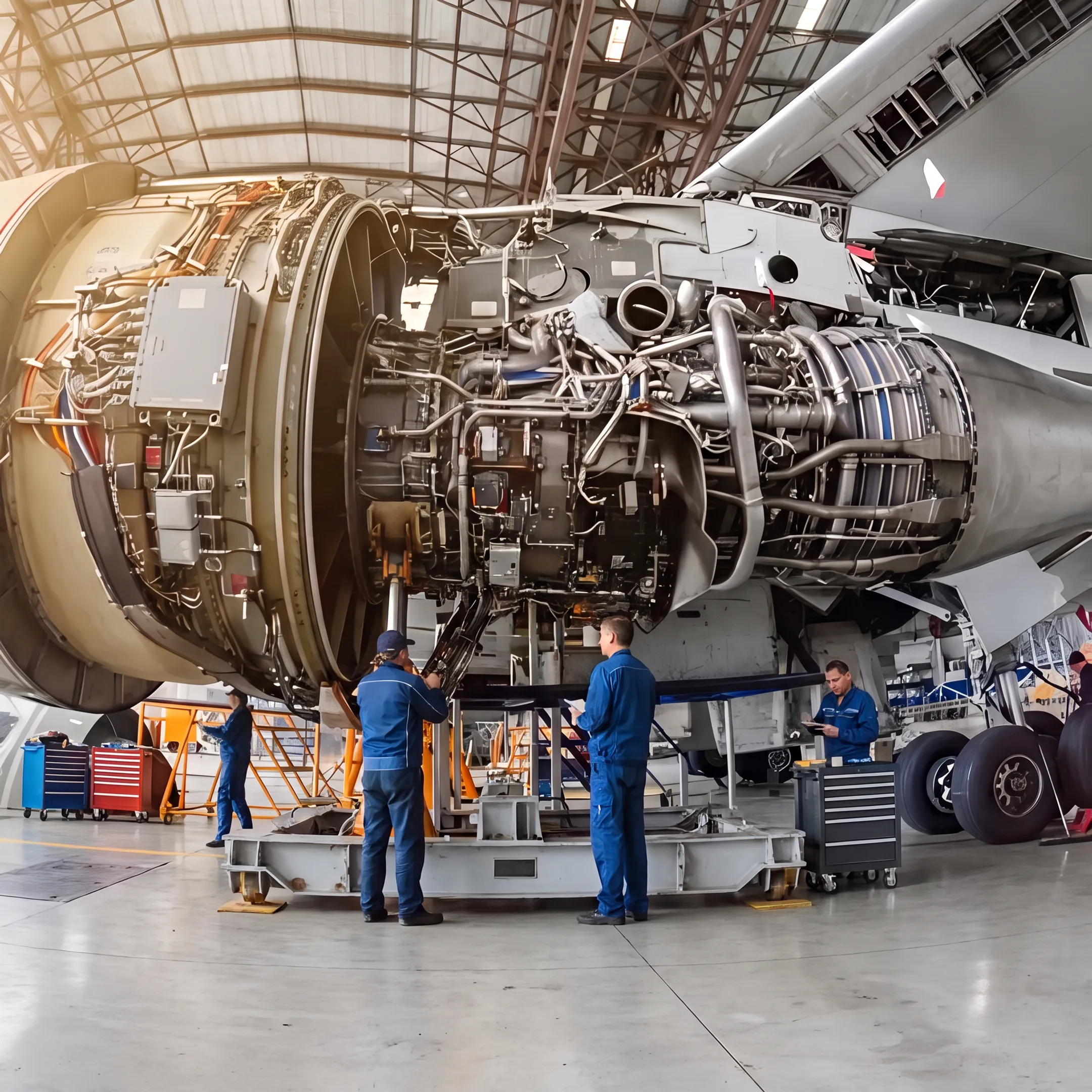 Aircraft engine stand in an aviation maintenance facility