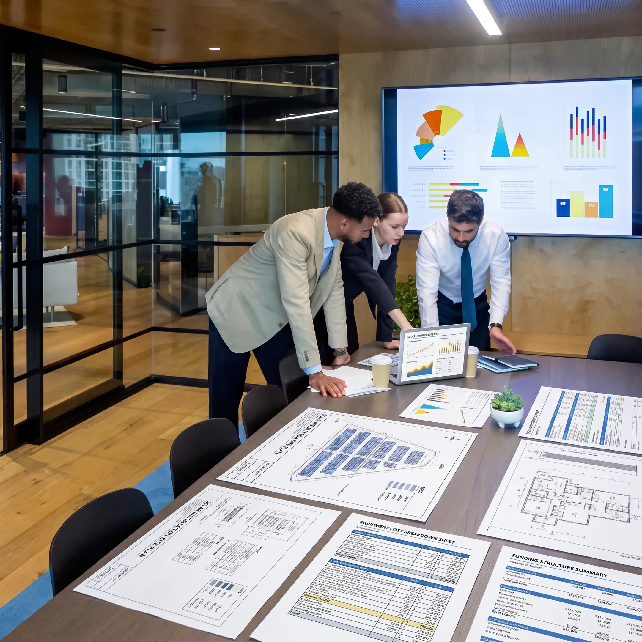 Finance professionals reviewing a commercial solar project