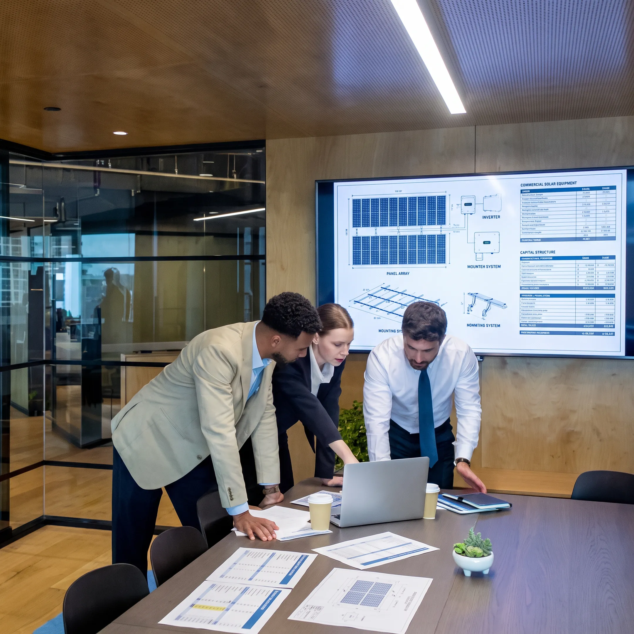 Finance professionals reviewing a commercial solar project