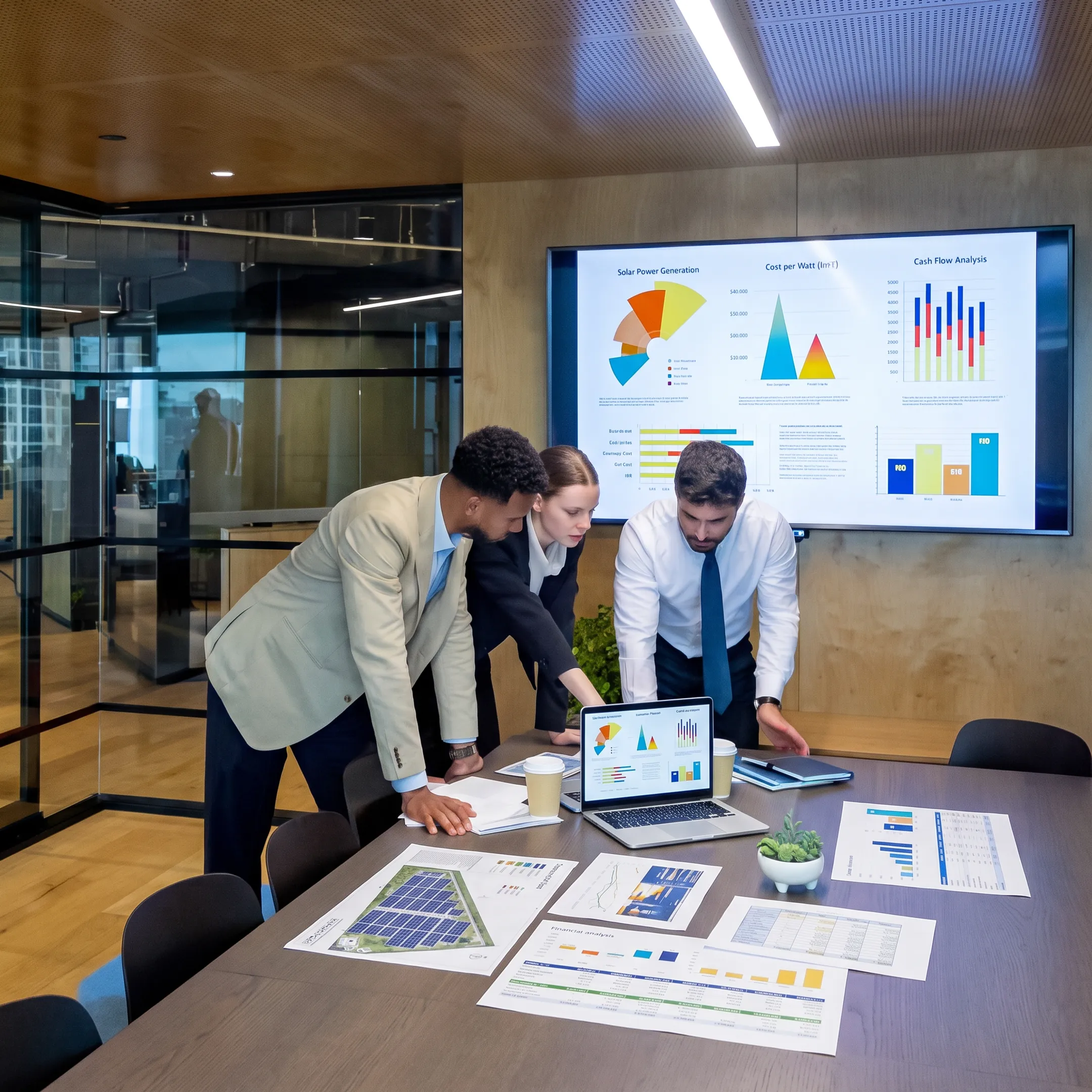 Finance professionals reviewing a commercial solar project