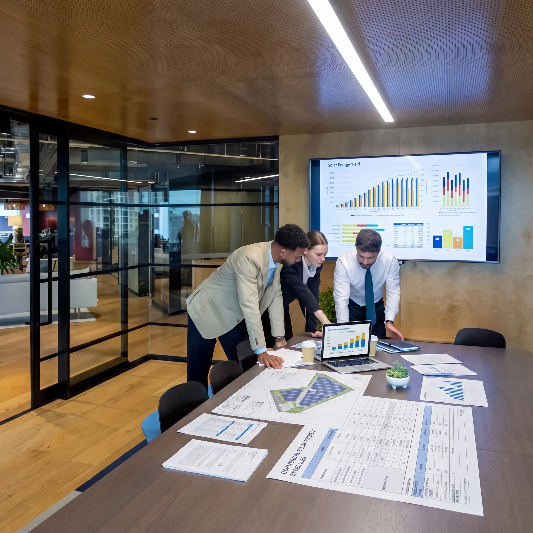 Finance professionals reviewing a commercial solar project