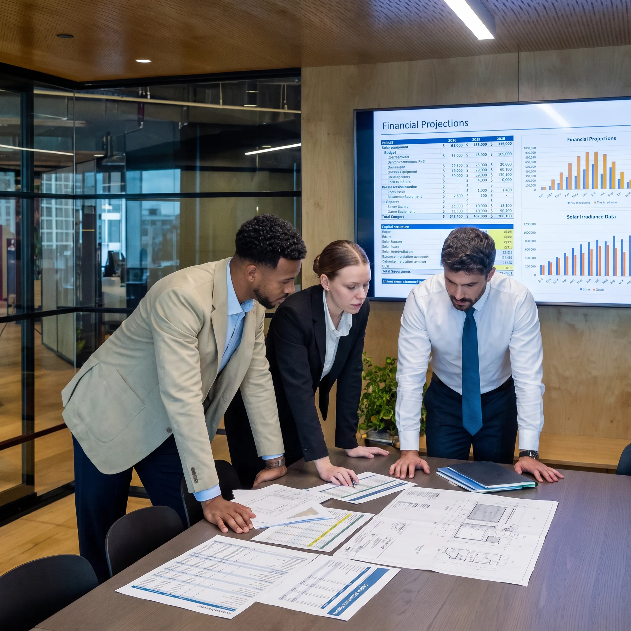 Finance professionals reviewing a commercial solar project