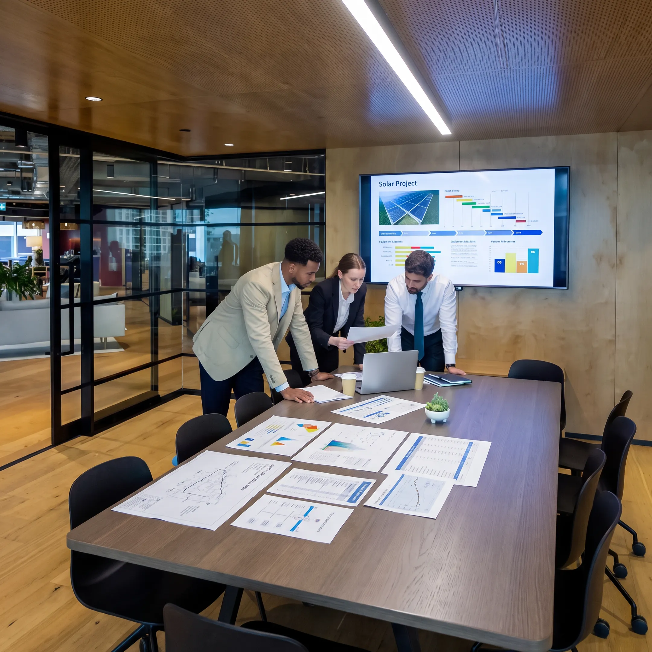 Solar financing specialists reviewing a project funding plan