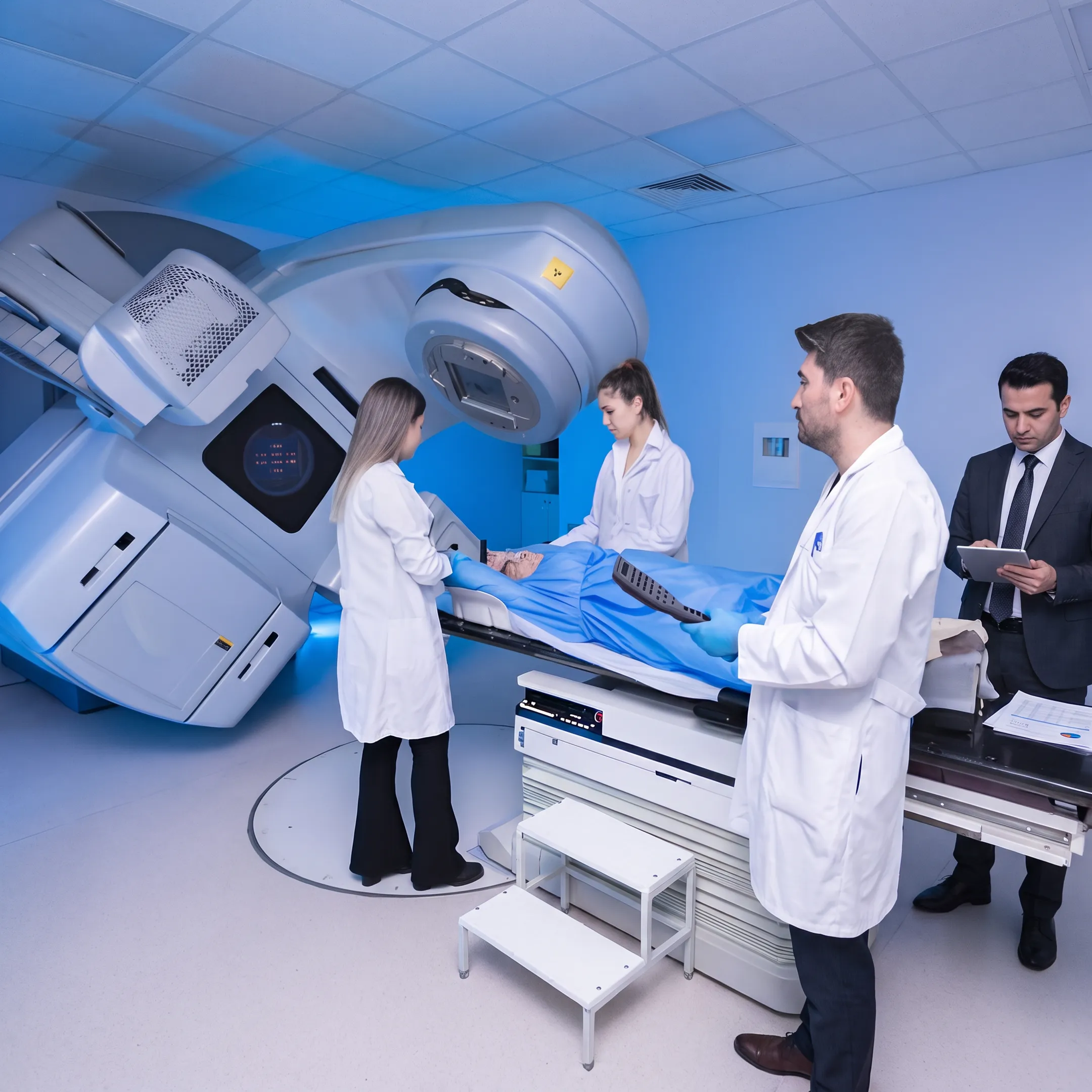 Healthcare professionals using medical equipment in a modern clinical setting