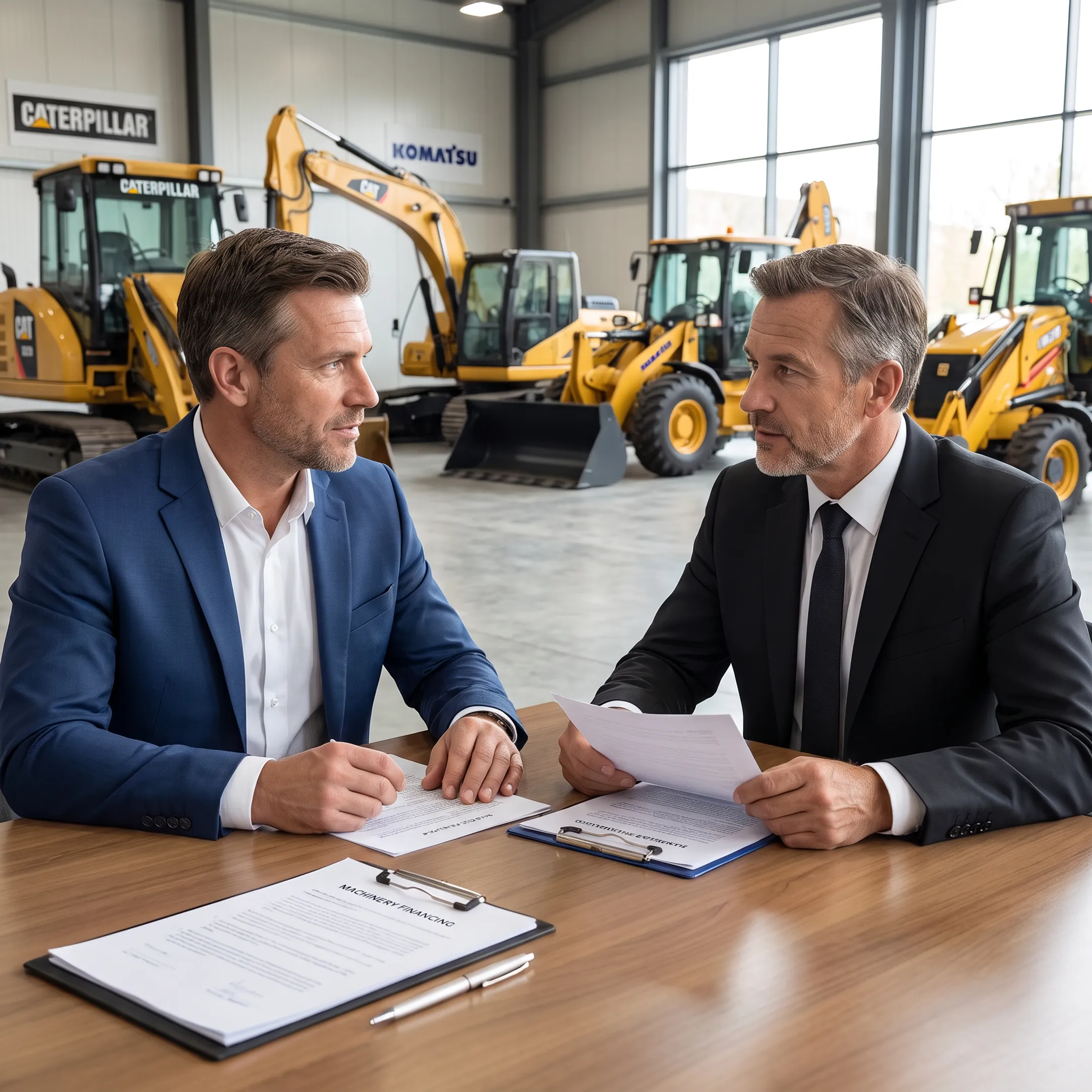 Construction equipment dealer discussing financing with a business customer