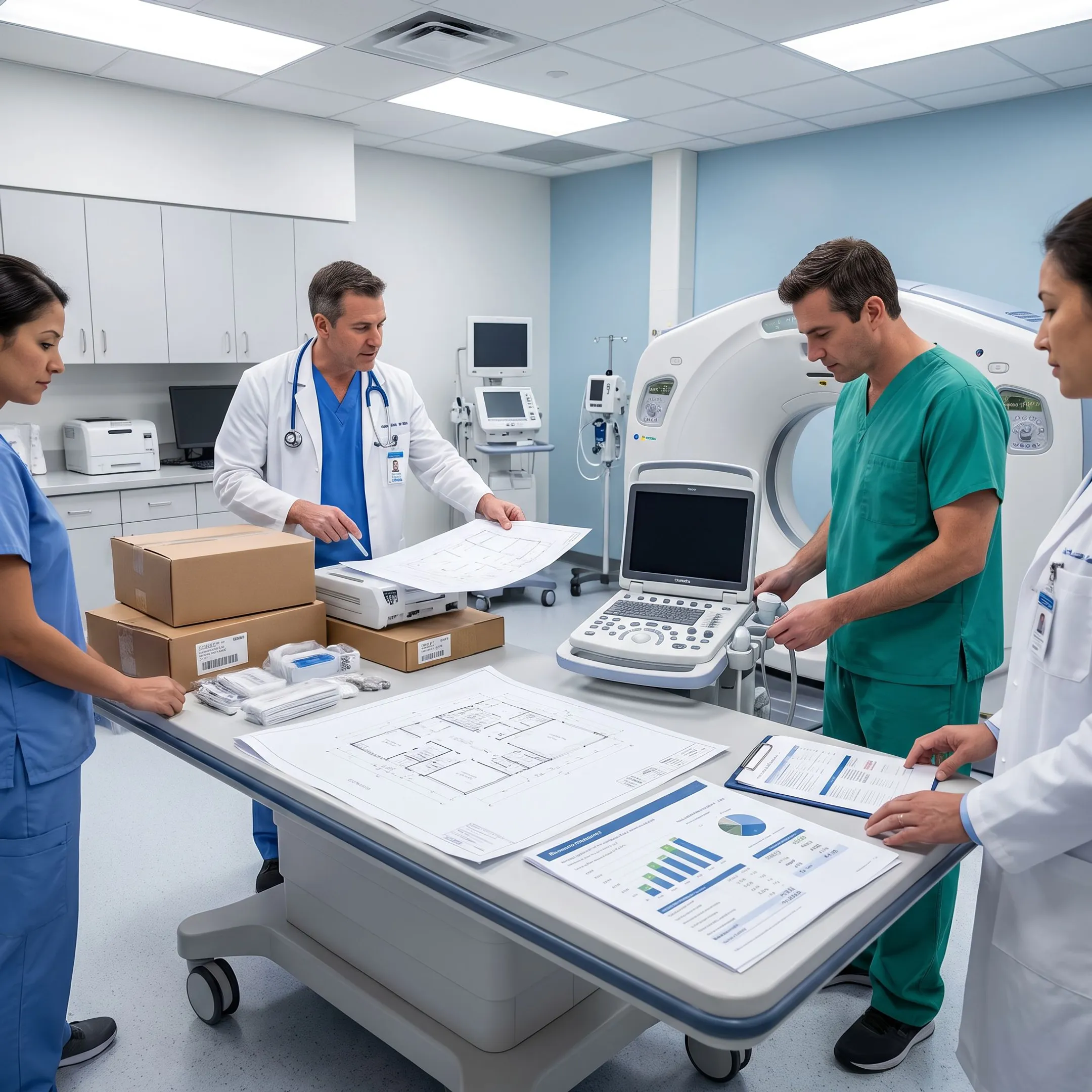 Healthcare professional reviewing new medical equipment in a modern clinical setting