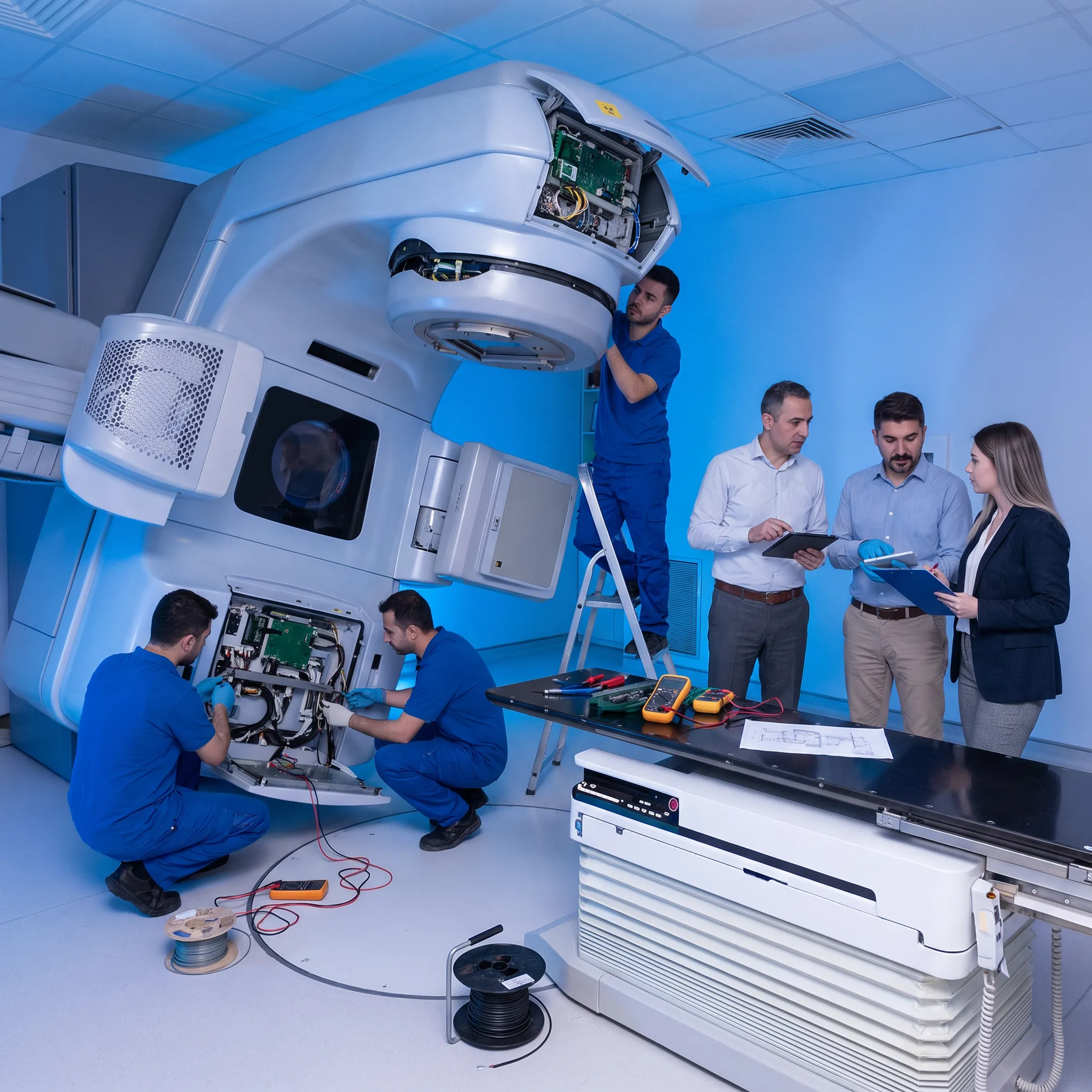 Medical equipment installation team working inside a healthcare facility