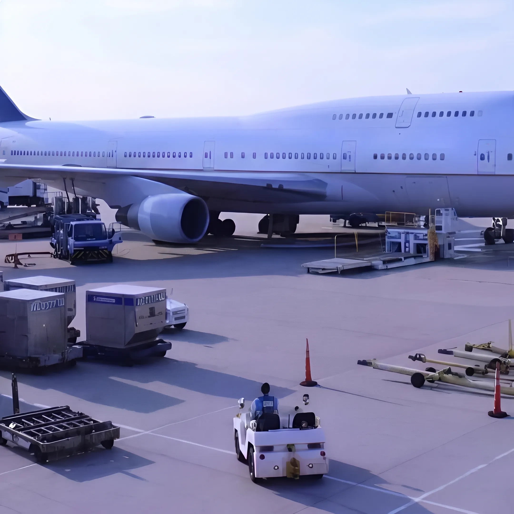 Ground support equipment operating beside a commercial aircraft