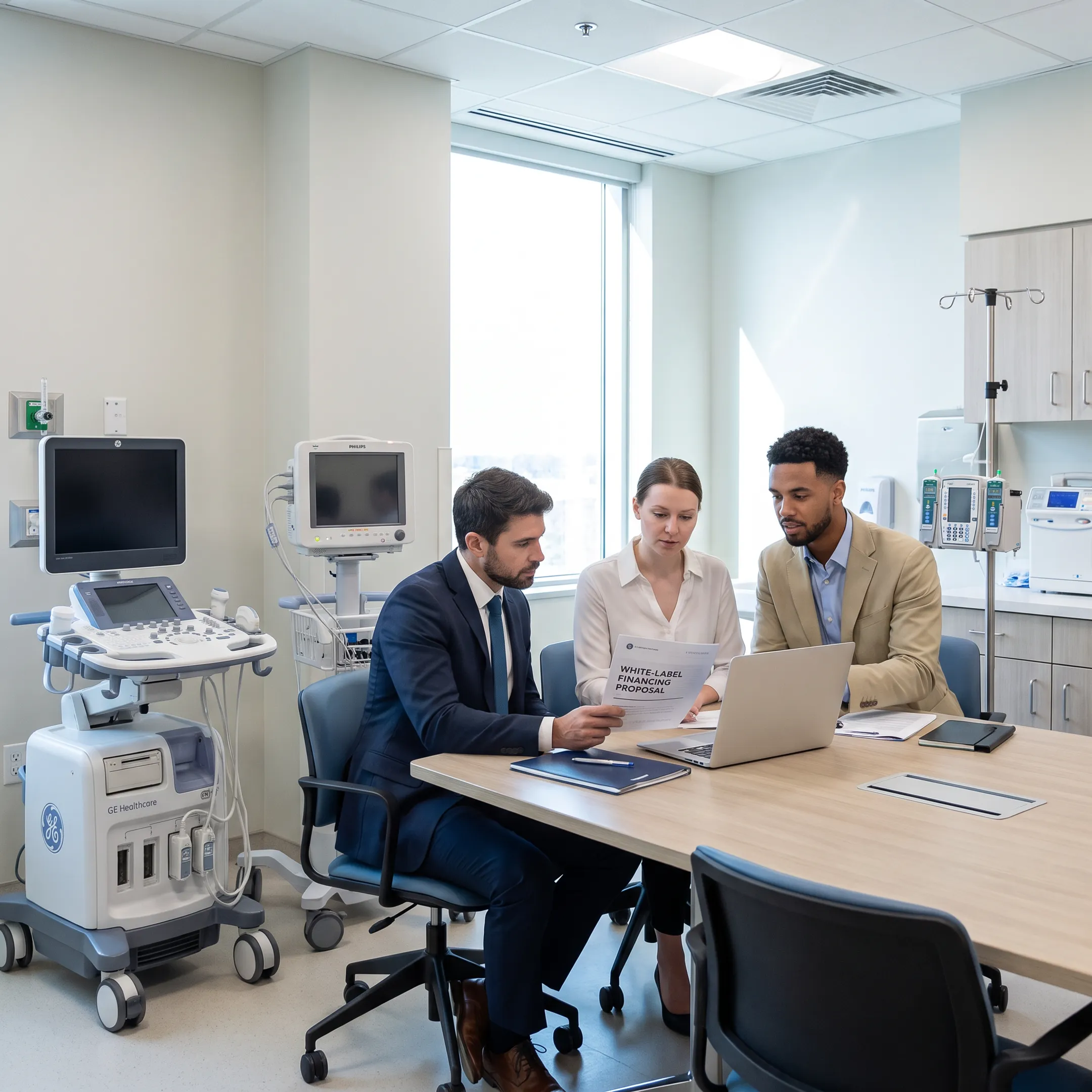 Healthcare equipment sales team reviewing a vendor financing proposal