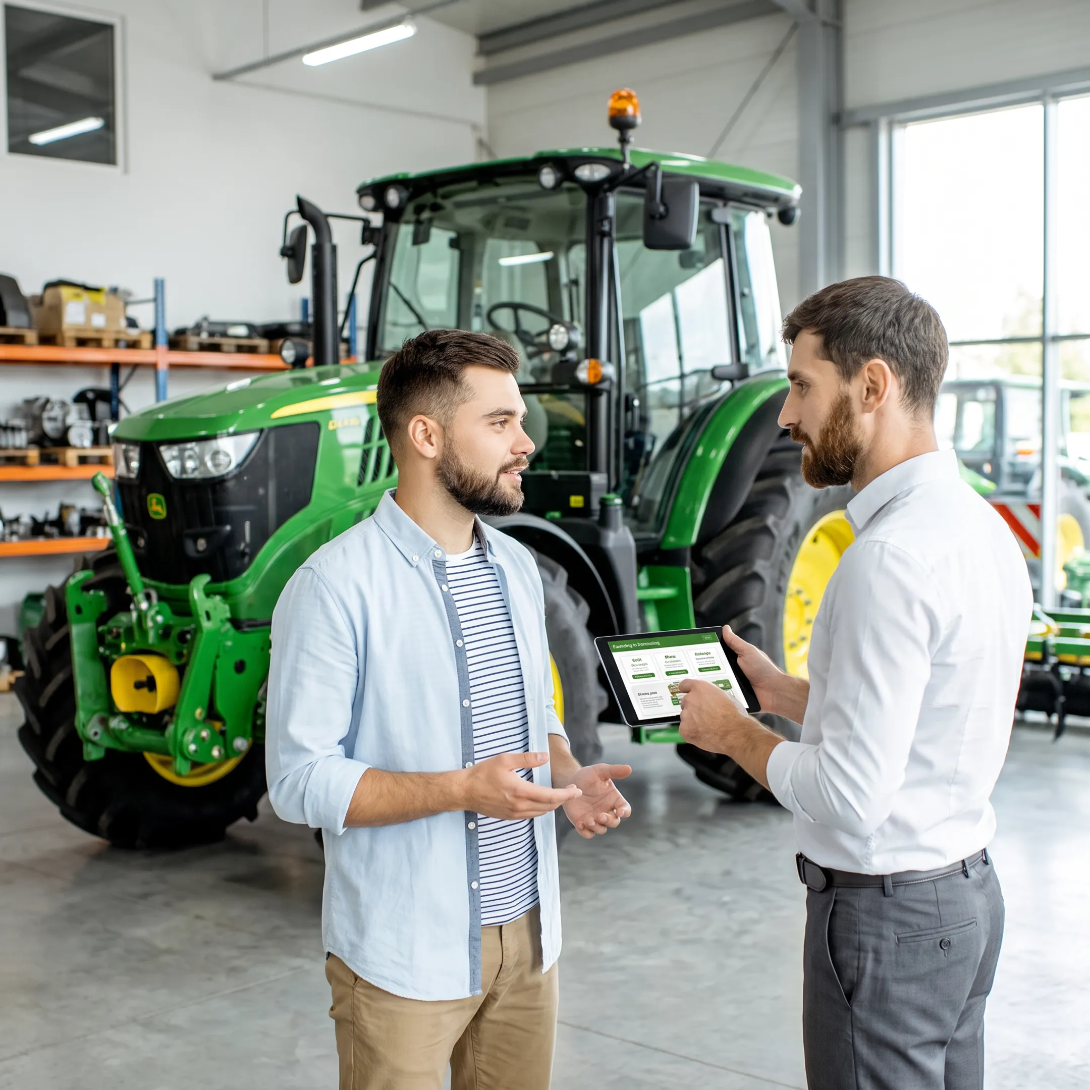 Dealer presenting agricultural equipment financing options to a customer
