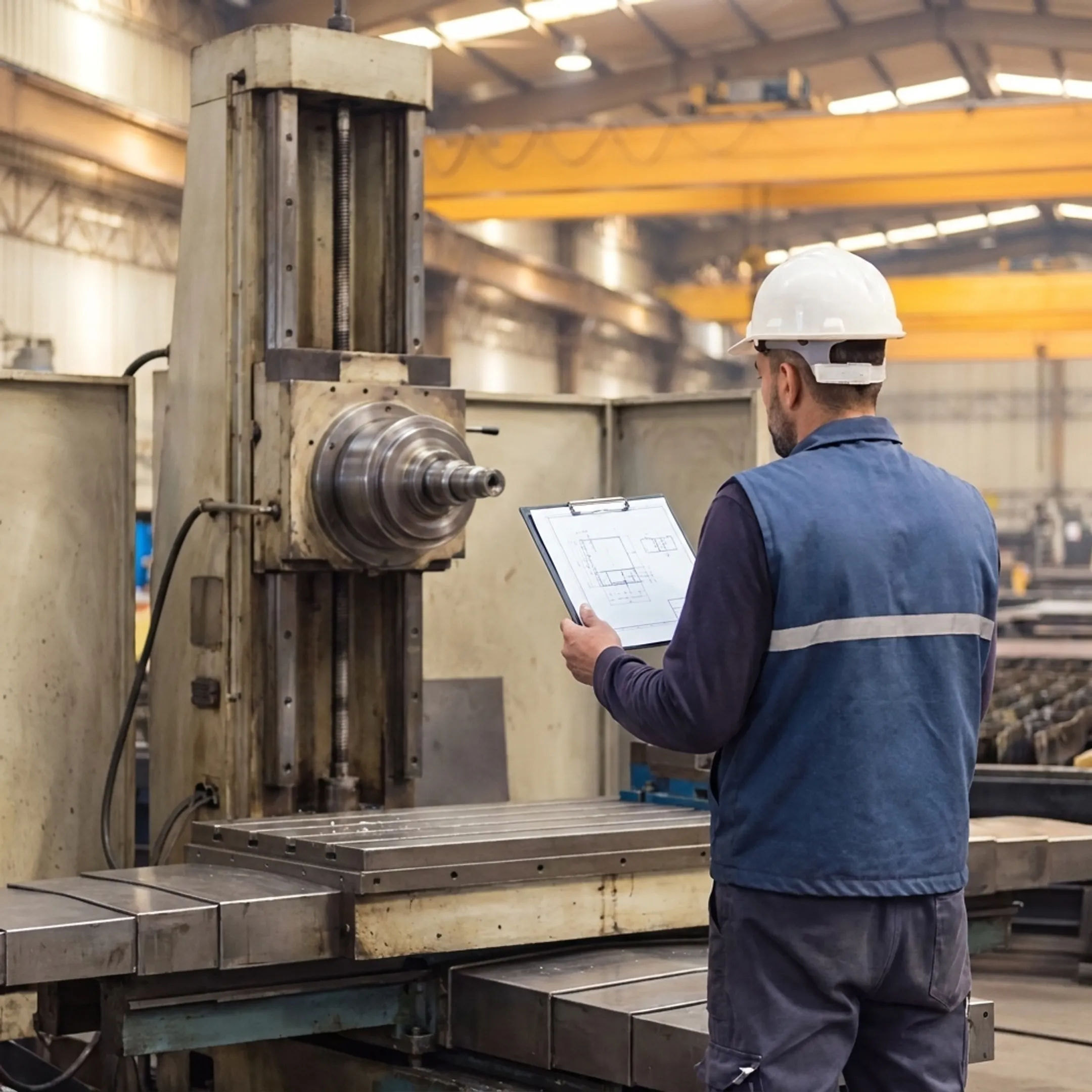 Machinist programming multi-axis CNC milling center on production floor