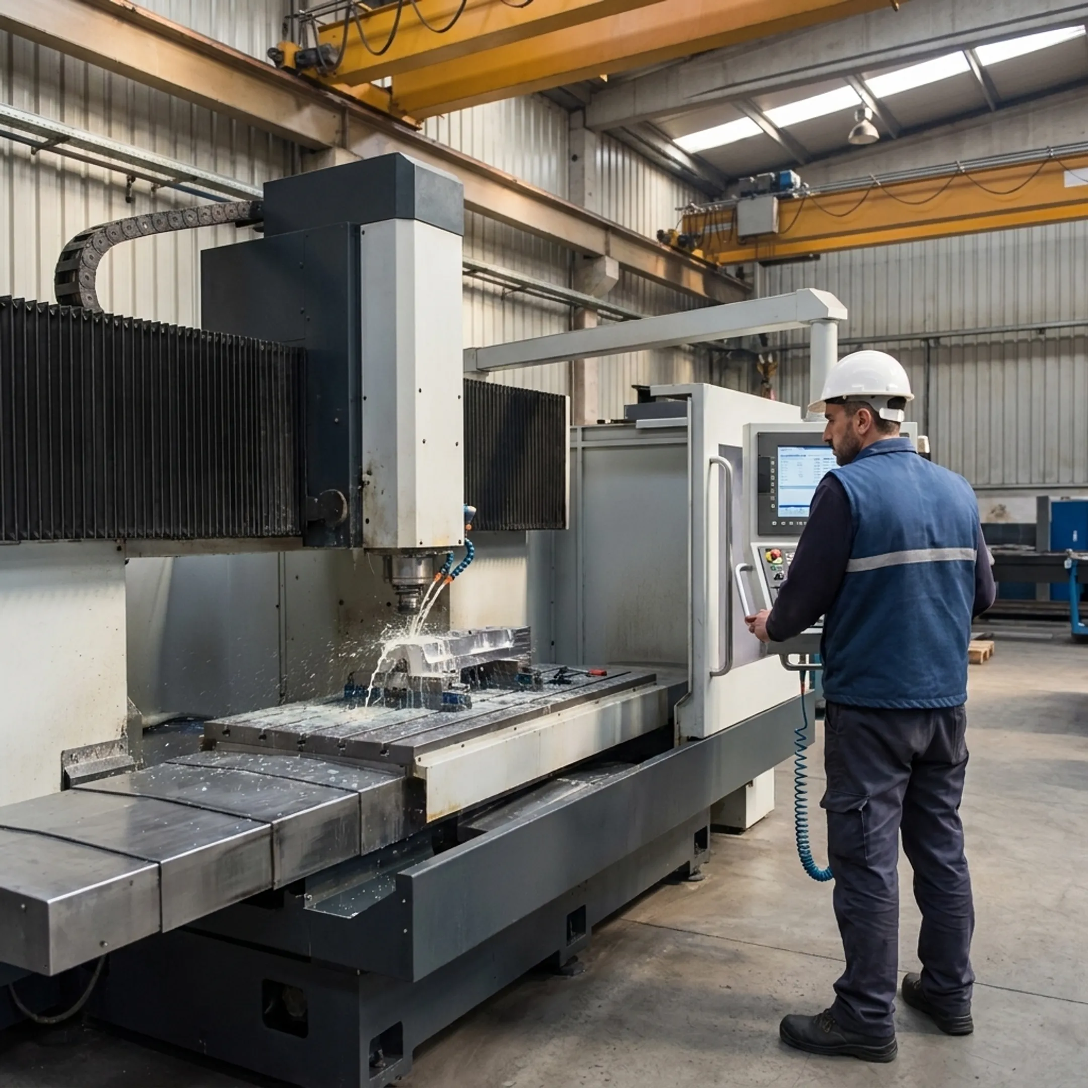Industrial CNC milling machine operating on high-precision metal parts in modern manufacturing plant